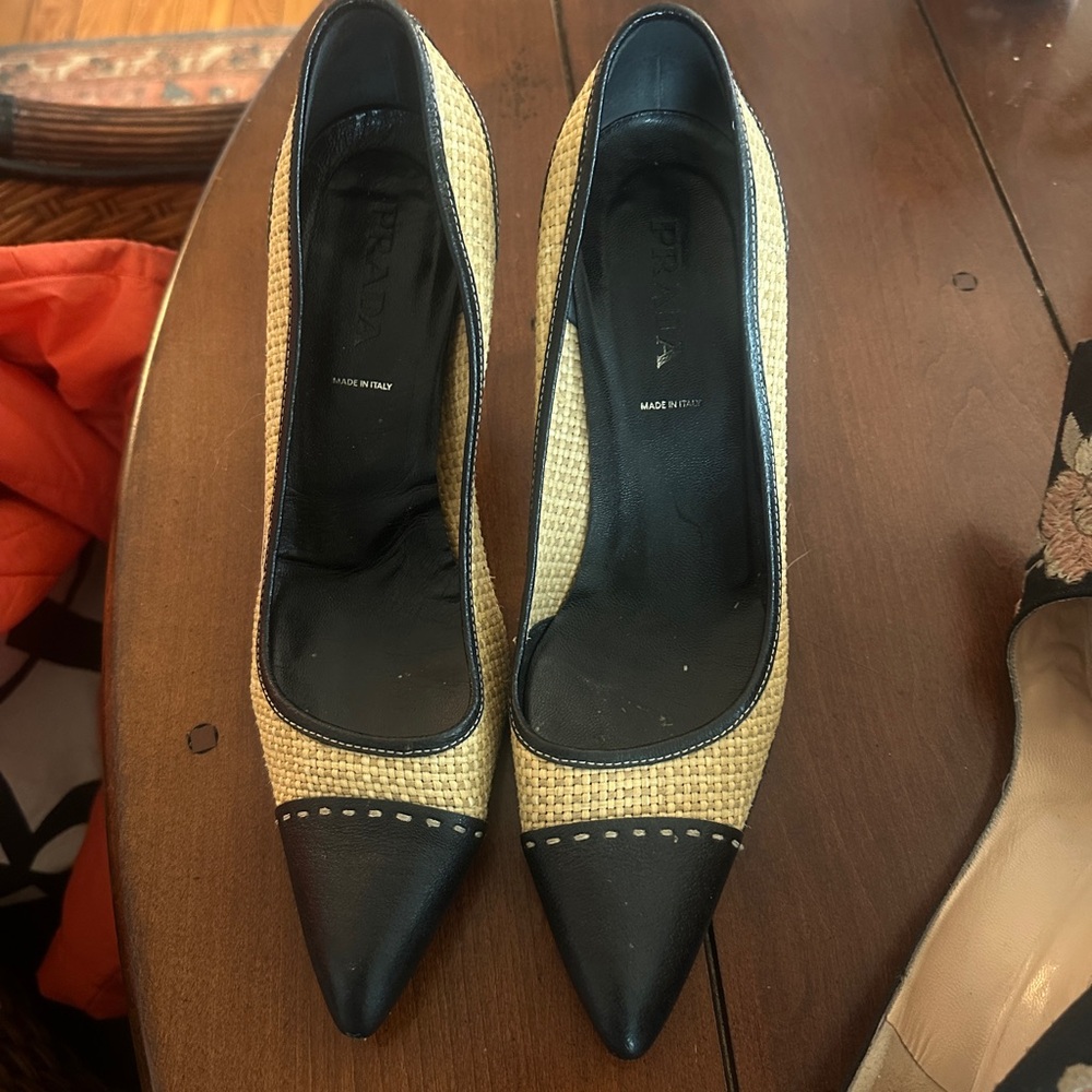 Prada Tan and Black Heels with Quilted Elegance